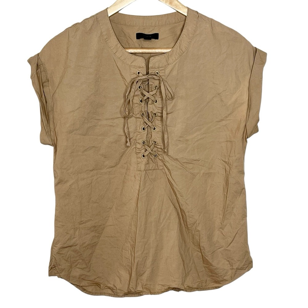 J Crew Lace Up Top Tan Womens 2 Nautical Preppy Fisherman Short Sleeve Poplin